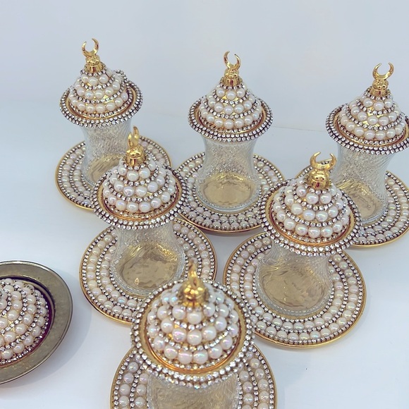 NEW HANDMADE TURKISH TEA SET WITH PEARLS - Picture 11 of 17
